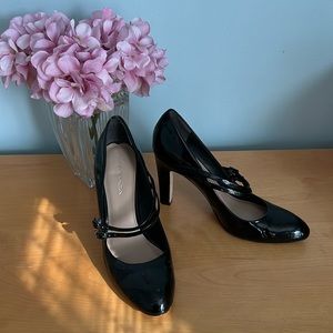 Via Spiga black patent strapped heels